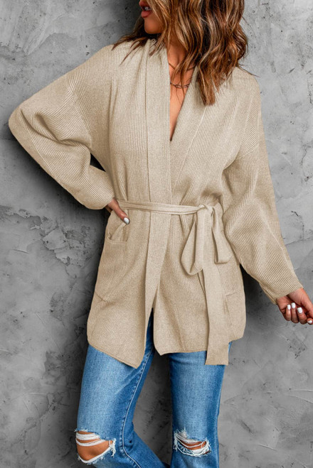Apricot Robe Style Rib Knit Pocketed Cardigan with Belt