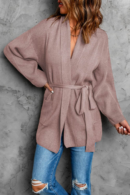 Pink Robe Style Rib Knit Pocketed Cardigan with Belt