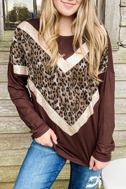 Brown Chevron Sequin Leopard Splicing Long Sleeve Top