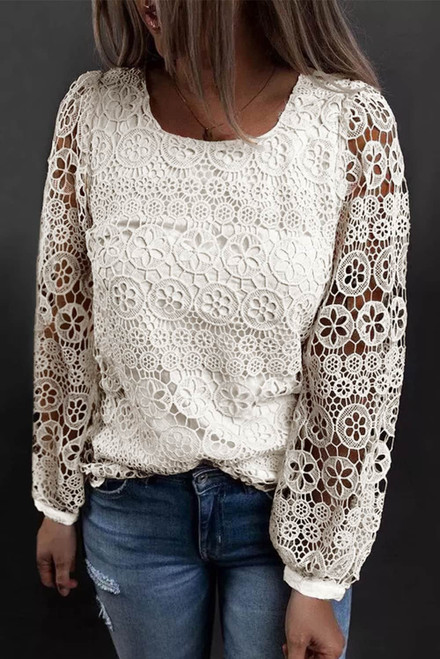 Beige Lace Contrast Hollow-out Long Sleeve Blouse