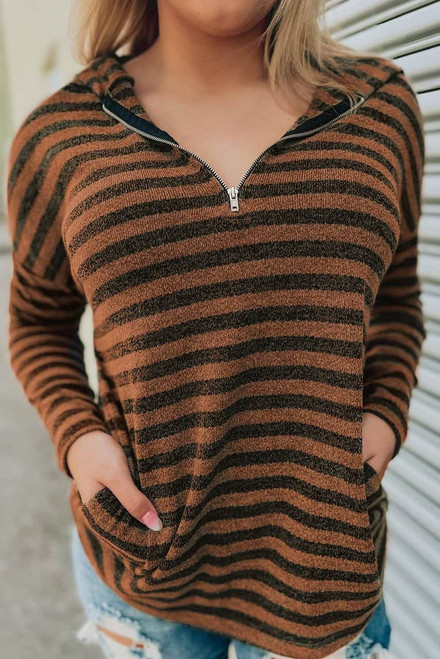Brown Striped Knit Quarter Zip Hoodie