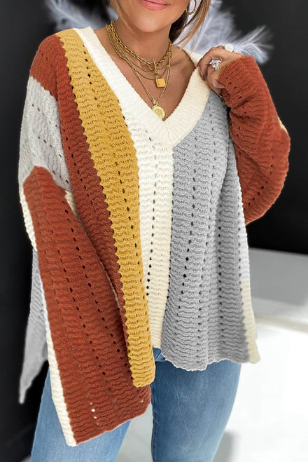 Multicolor Color Block Patchwork V Neck Knit Sweater