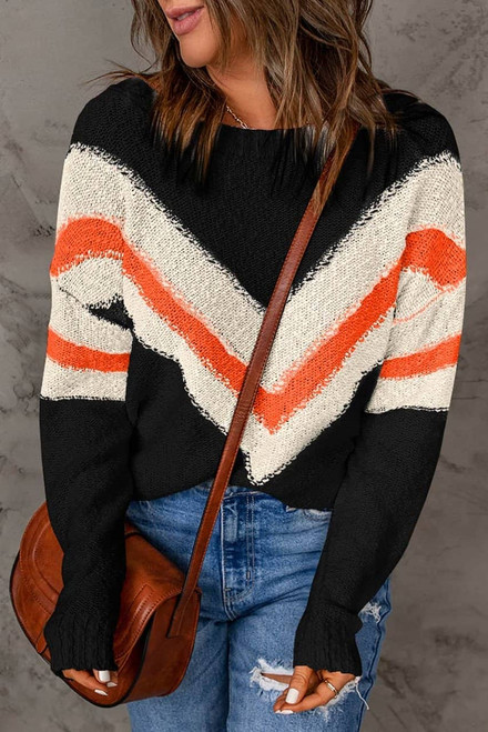 Black Chevron Striped Drop Shoulder Sweater Black Chevron Striped Drop Shoulder Sweater