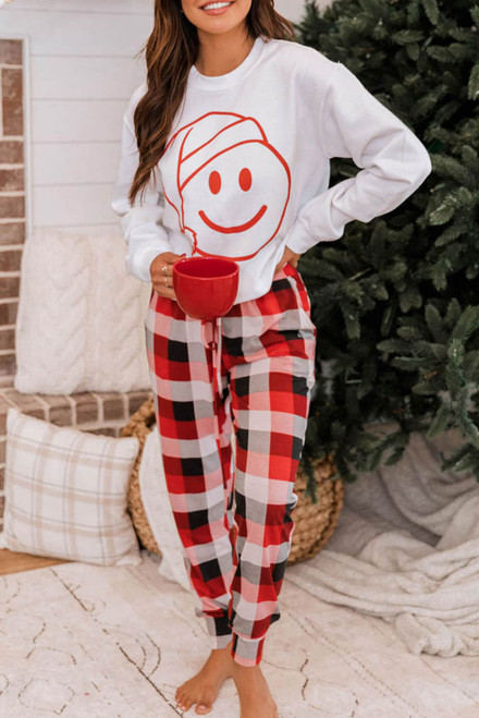 White Christmas Smile Face Print Top and Plaid Pants Lounge Set