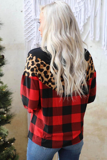 Red Chevron Plaid Leopard Patchwork Turtleneck Sweatshirt Red Chevron Plaid Leopard Patchwork Turtleneck Sweatshirt