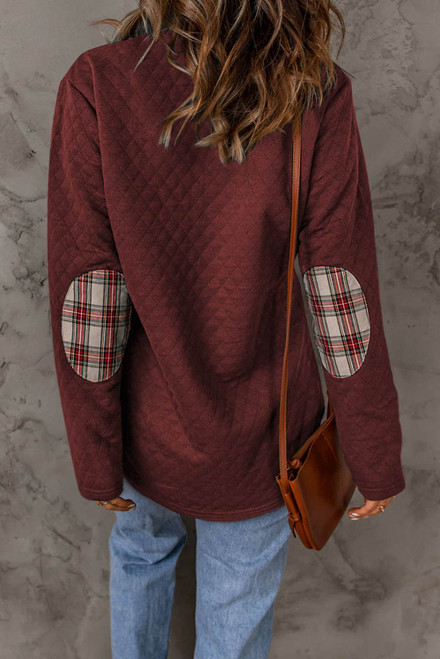 Red Geometric Texture Plaid Trim Sweatshirt Red Geometric Texture Plaid Trim Sweatshirt