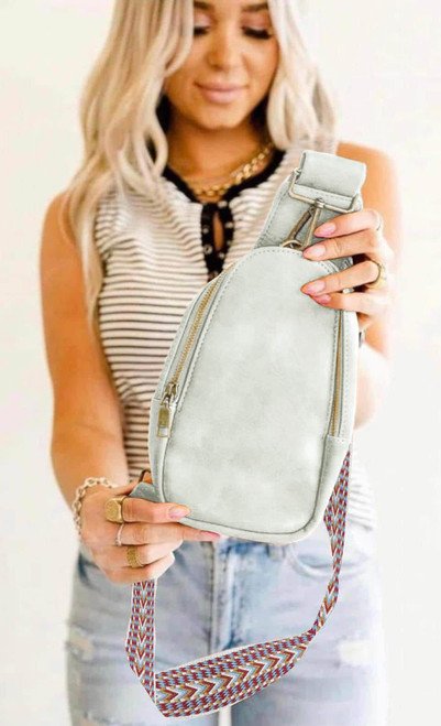 Gray Faux Leather Zipped Crossbody Chest Bag