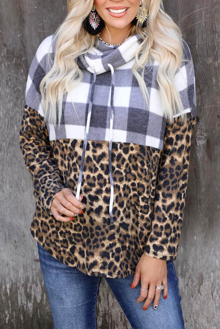 Leopard Leopard Plaid Patchwork Cowl Neck Sweatshirt