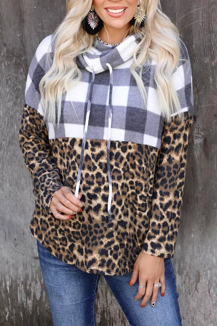 Leopard Leopard Plaid Patchwork Cowl Neck Sweatshirt Leopard Leopard Plaid Patchwork Cowl Neck Sweatshirt