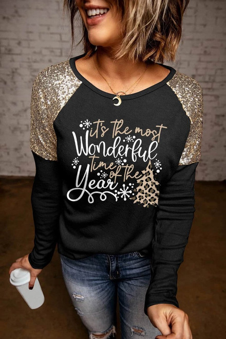 Black Wonderful Christmas Season Graphic Sequin Shoulder Top