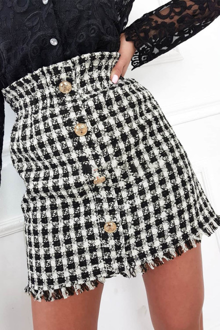 Black Button Decor Tweed Plaid Fringe Hem Skirt