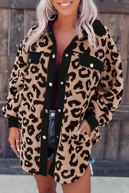 Black Contrast Trimmed Leopard Teddy Shacket Black Contrast Trimmed Leopard Teddy Shacket