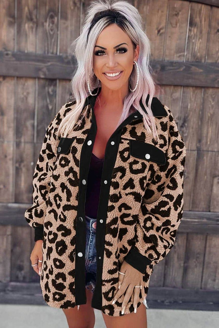 Black Contrast Trimmed Leopard Teddy Shacket