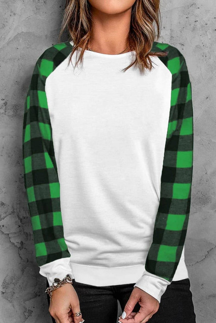 Green Buffalo Plaid Long Sleeve White Sweatshirt Green Buffalo Plaid Long Sleeve White Sweatshirt