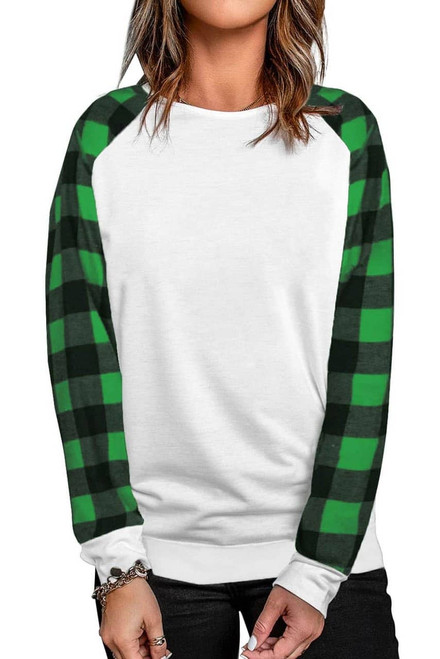 Green Buffalo Plaid Long Sleeve White Sweatshirt Green Buffalo Plaid Long Sleeve White Sweatshirt