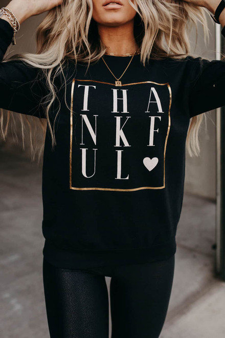 Black THANKFUL Heart Print Long Sleeve Sweatshirt