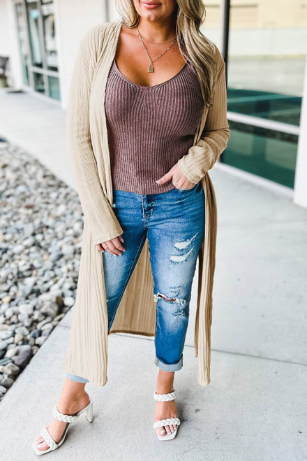 Beige Plus Size Ribbed Long Open Front Cardigan