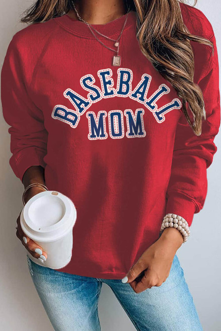 Red Baseball Mom French Terry Cotton Blend Sweatshirt
