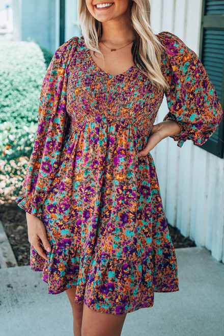 Purple Smocked V Neck Puffy Sleeve Floral Dress