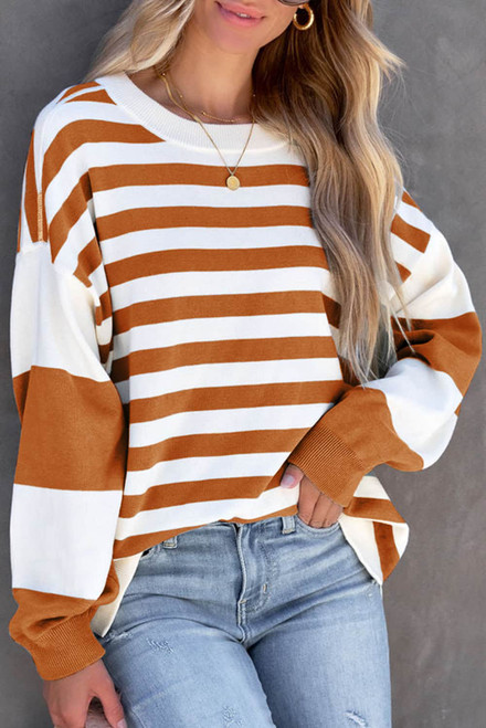 Brown Stripe Drop Shoulder Striped Pullover Sweatshirt