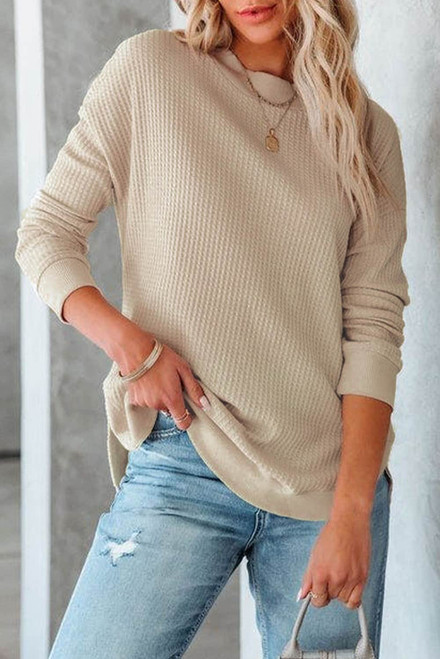 Apricot Crew Neck Ribbed Trim Waffle Knit Top