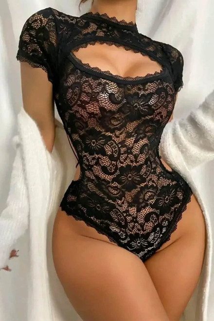 Black Cutout Criss Cross Backless Lace Teddy Lingerie