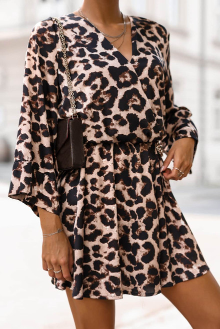Leopard Print Wrapped V Neck Wide Sleeves Shirt Dress