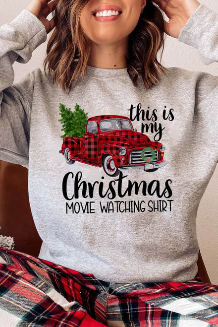 Gray Christmas Letter Plaid Car Graphic Print Pullover Sweatshirt