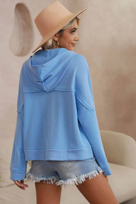 Sky Blue Casual Button Solid Patchwork Trim Hoodie Sky Blue Casual Button Solid Patchwork Trim Hoodie