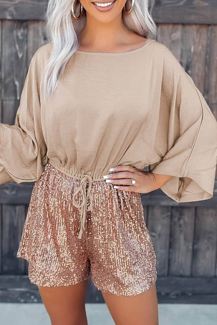 Khaki Sequin Patchwork Drawstring High Waist Romper Khaki Sequin Patchwork Drawstring High Waist Romper