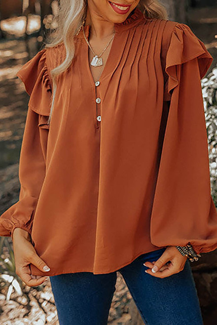 Orange Ruffled Pleated Buttoned V Neck Blouse