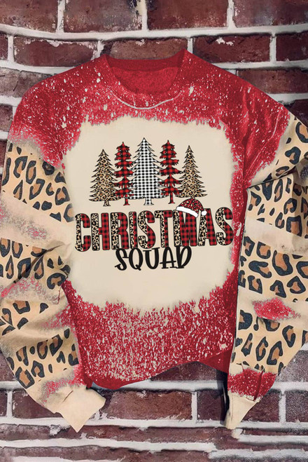 Red Christmas Tree Leopard Bleached Print Pullover Sweatshirt