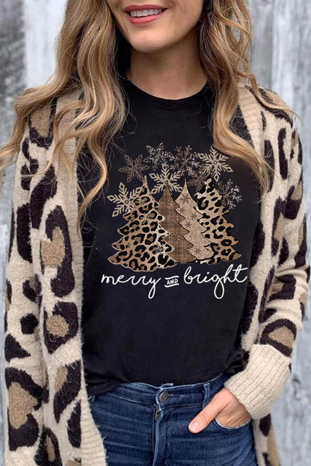 Black Leopard Christmas Tree Graphic Print Crew Neck T Shirt