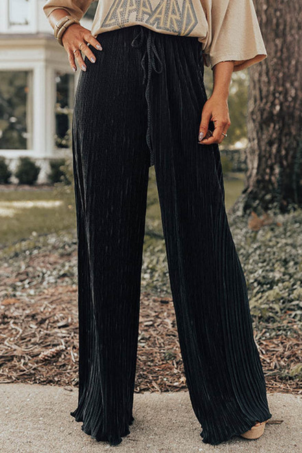 Black Pleated Drawstring High Waist Wide Leg Pants