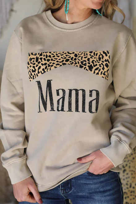 Khaki Mama Leopard Print Crewneck Pullover Sweatshirt