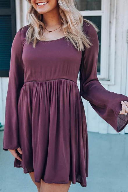 Purple Buttoned Sheer Lace Back Long Sleeve Dress