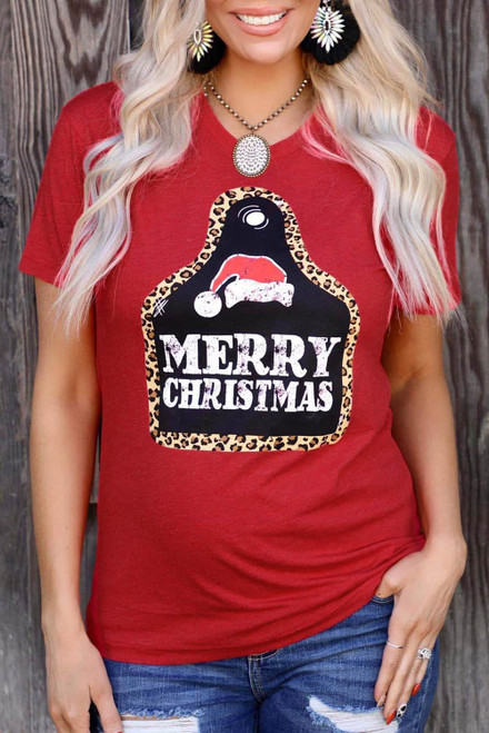 Red MERRY CHRISTMAS Leopard Frame Graphic Tee