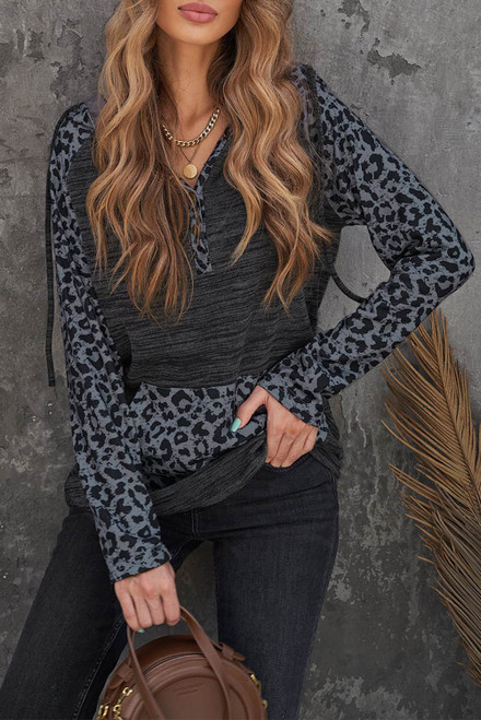 Color Block Leopard Long Sleeves Black Hoodie