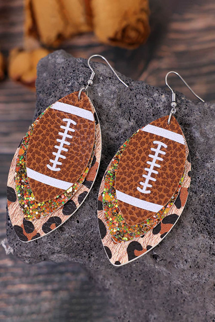 Brown Layer Glitter Leather Rugby Baseball Softball Leopard Earrings