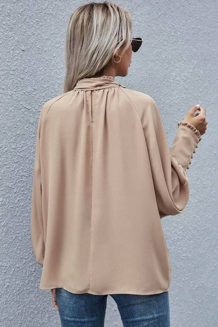 Khaki Frilled Knotted Mock Neck Bishop Sleeve Blouse Khaki Frilled Knotted Mock Neck Bishop Sleeve Blouse