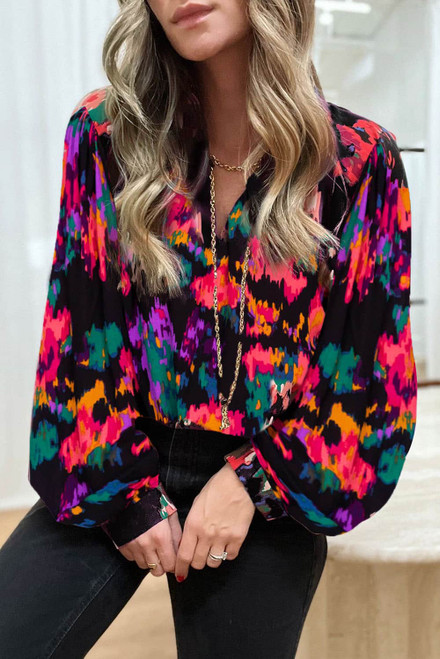 Black Purple Graffiti Printed V Neck Puff Sleeve Blouse