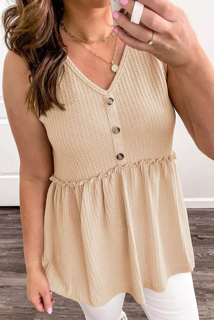 Apricot Waffle Knit Button Ruffled Casual Tank