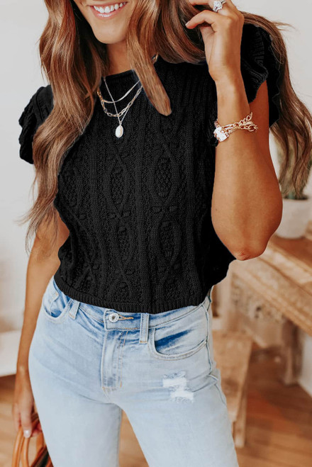 Black Ruffle Sleeve Cable Knit Sweater