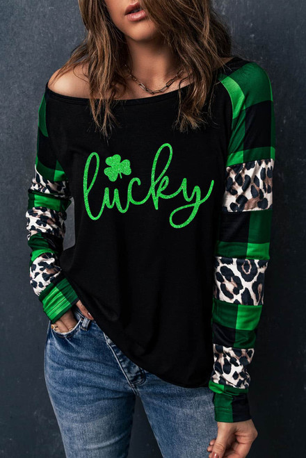 Green Lucky Clover Glitter Pattern Leopard Plaid Splicing Top