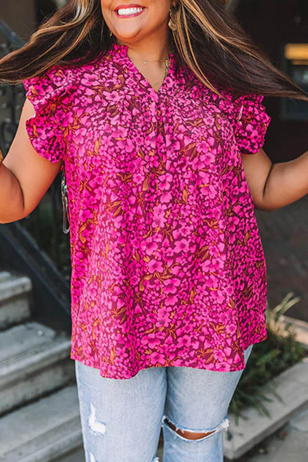 Rose Rose Floral Print Ruffle Sleeve Plus Size Shift Top