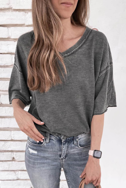 Gray Waffle Knit Seamed Half Sleeve V Neck Top