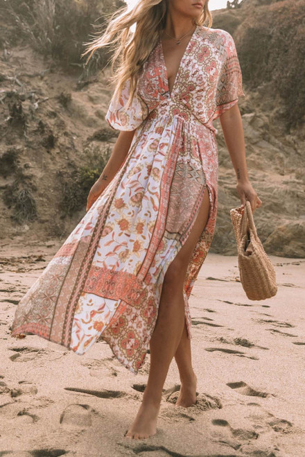 Red Boho Print Deep V Kimono Sleeves Beach Dress with Split