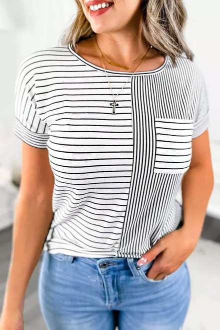 Mix Striped Print Chest Pocket T Shirt