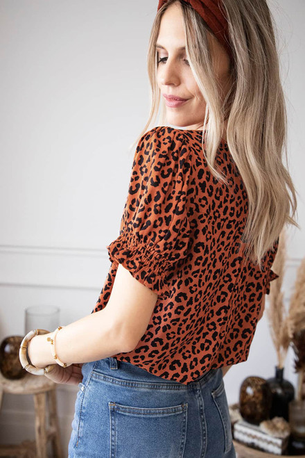 Brown Short Puff Sleeves V Neck Leopard Print Top