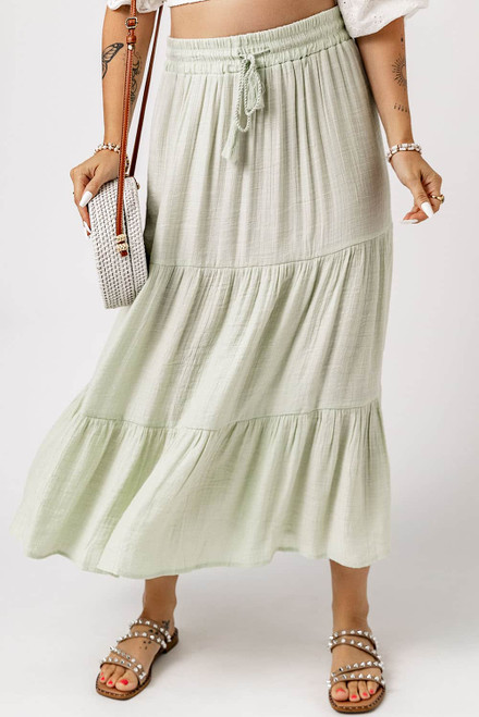 Green Drawstring High Waist Tiered Long Skirt | dealstunnel.